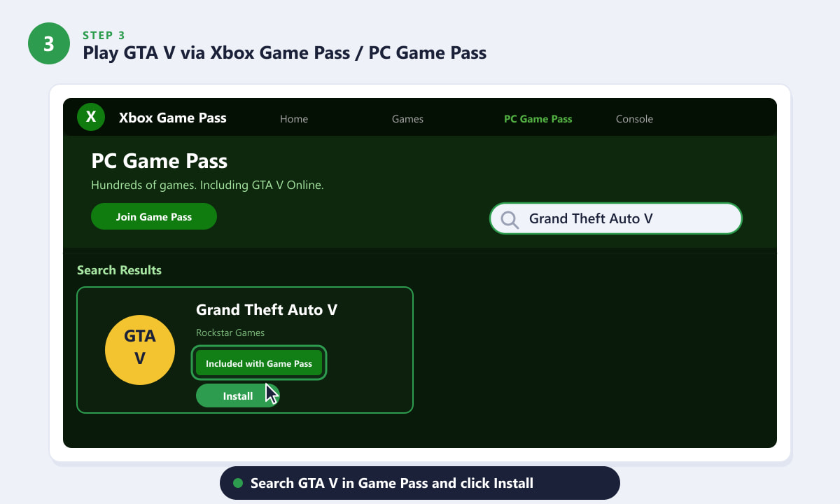 Xbox Game Pass-pagina waarop Grand Theft Auto V in de catalogus wordt weergegeven met het 'Inbegrepen bij Game Pass'-logo.