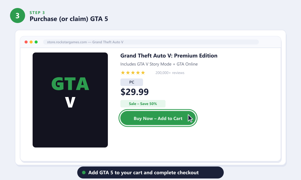 Buying GTA 5 on PC on the Rockstar Games store page