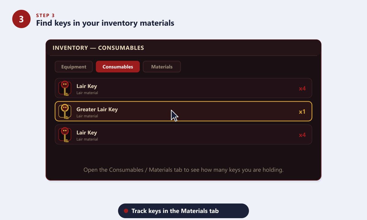 Diablo 4 inventory consumables tab listing Lair Keys and a Greater Lair Key