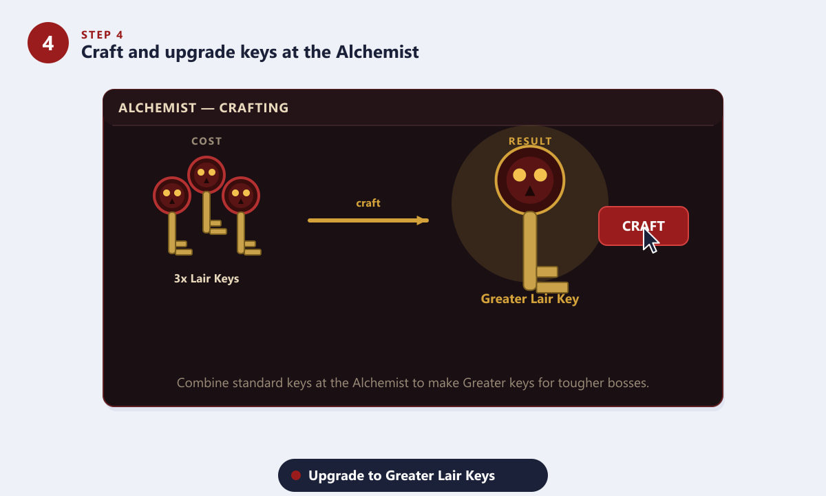 Crafting a Greater Lair Key from standard Lair Keys at the Alchemist in Diablo 4