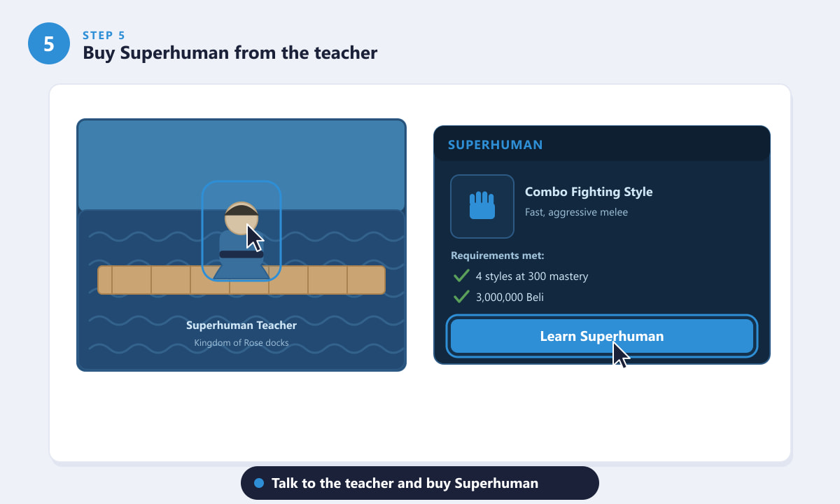 Buying Superhuman from the teacher NPC in the Kingdom of Rose in Blox Fruits