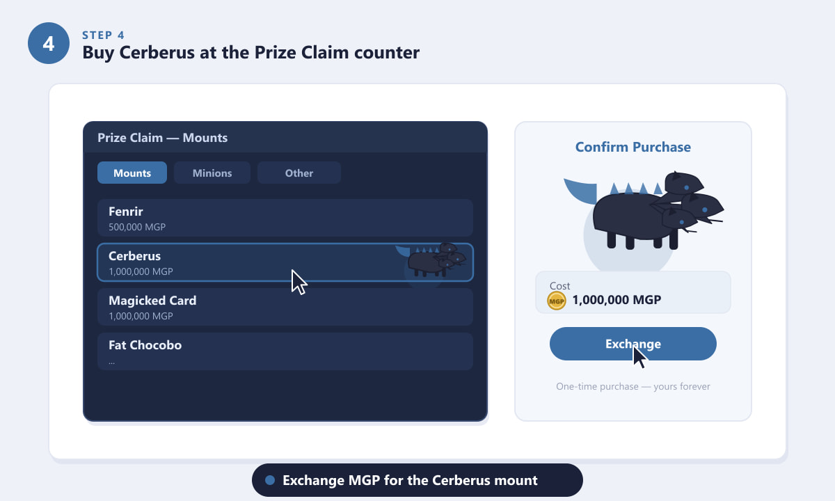 Buying the Cerberus mount in FFXIV from the Gold Saucer Prize Claim for 1,000,000 MGP