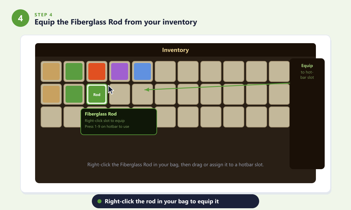 Equipaggiare la canna da pesca in fibra di vetro dall'inventario in Stardew Valley