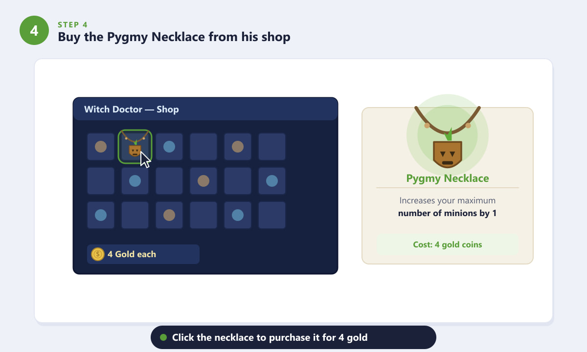 Buying the Pygmy Necklace from the Witch Doctor shop in Terraria for 4 gold