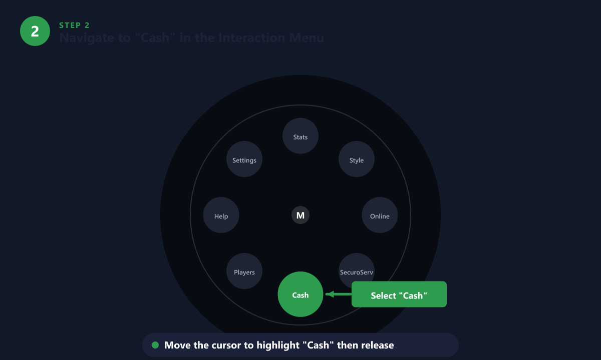 Navigating to the Cash option in the GTA Online Interaction Menu wheel