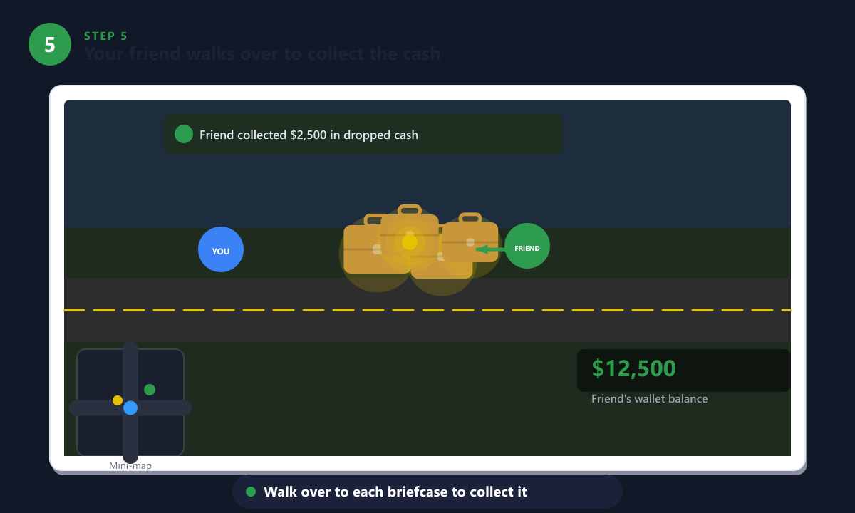 Friend walking over dropped cash briefcases in GTA Online to collect them