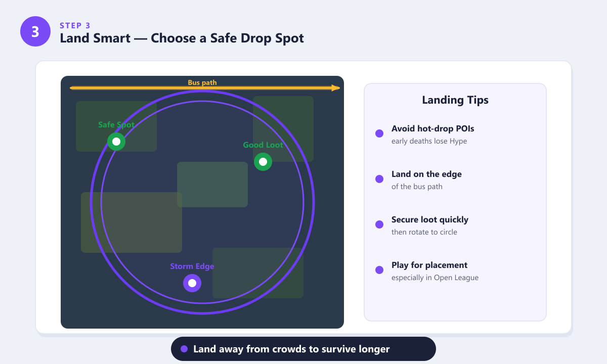 Fortnite map showing safe landing spots away from the bus path for Ranked mode