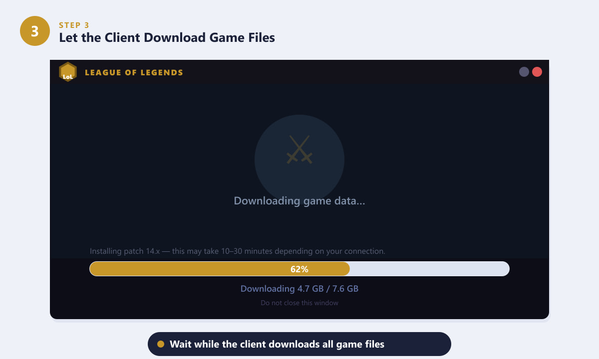 League of Legends client downloading and installing game files with a progress bar