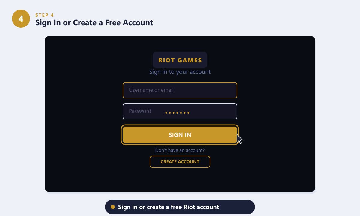 League of Legends login screen showing sign-in fields and a Create Account button