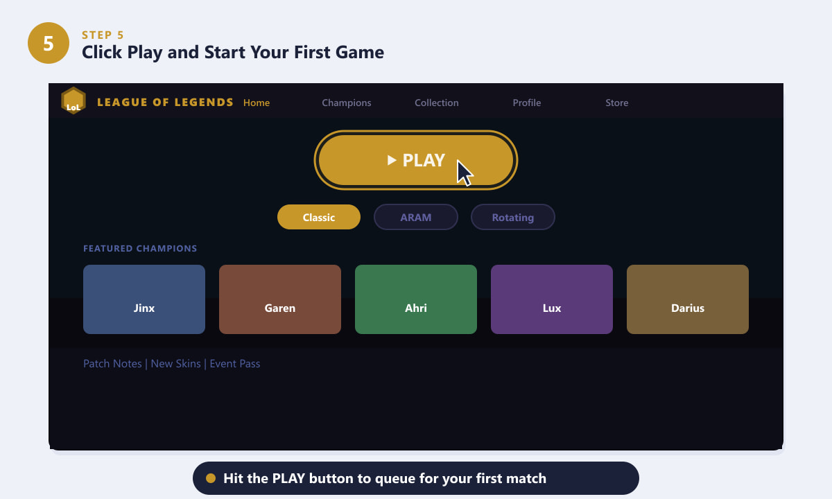 League of Legends client home screen showing the Play button and champion selection cards