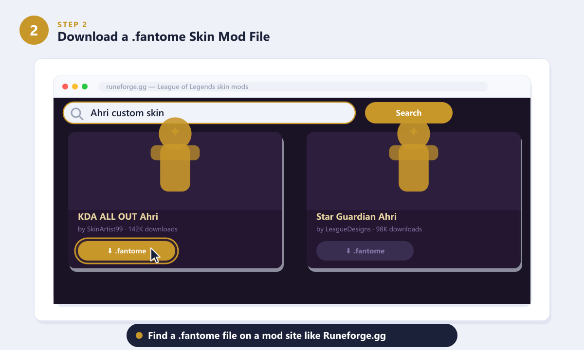 Downloading a .fantome skin mod file from Runeforge.gg for League of Legends