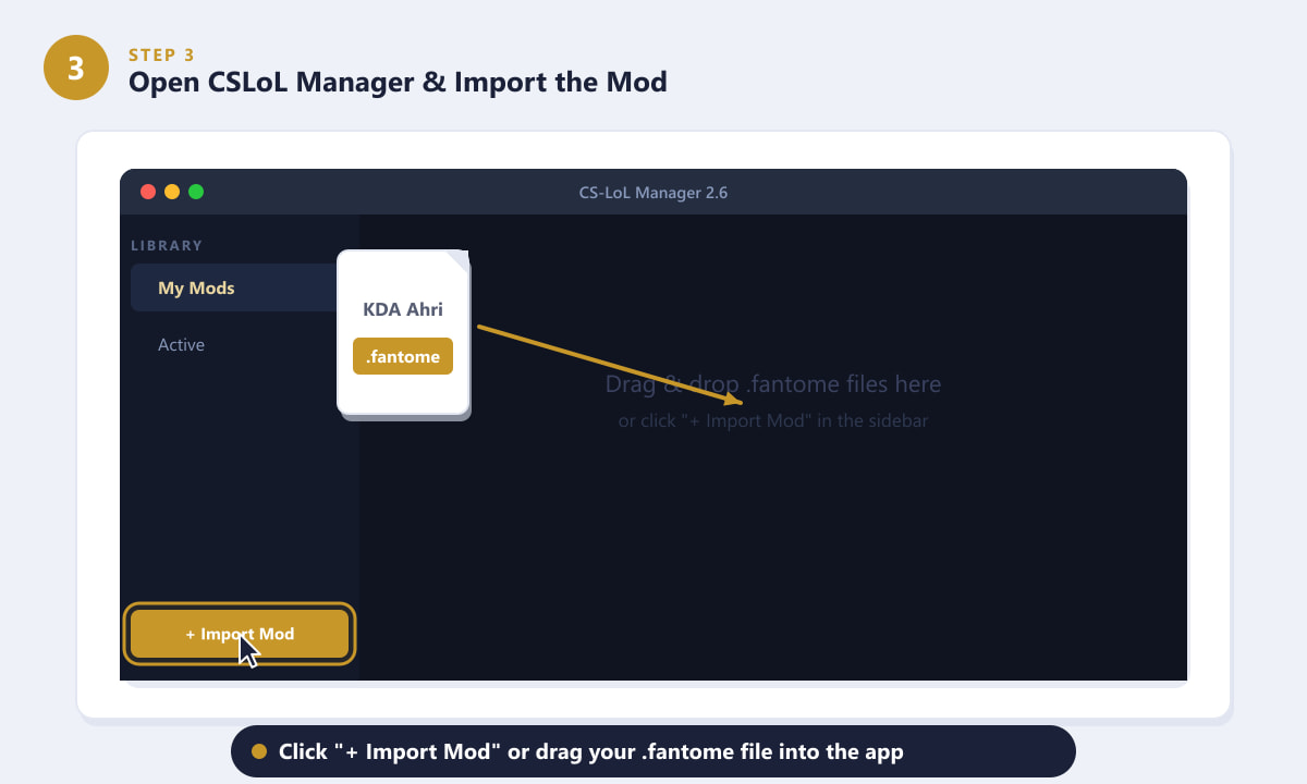 Importing a .fantome skin mod into CSLoL Manager for League of Legends