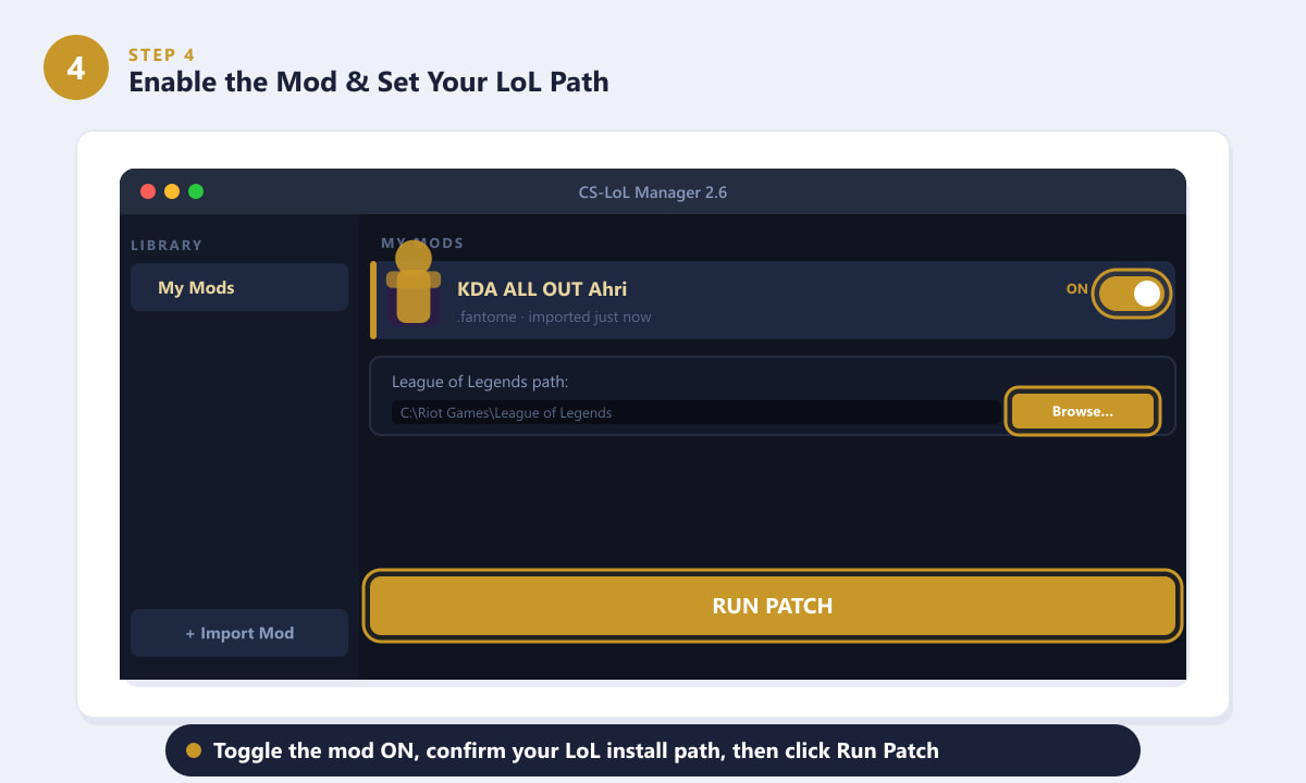Enabling a skin mod and clicking Run Patch in CSLoL Manager