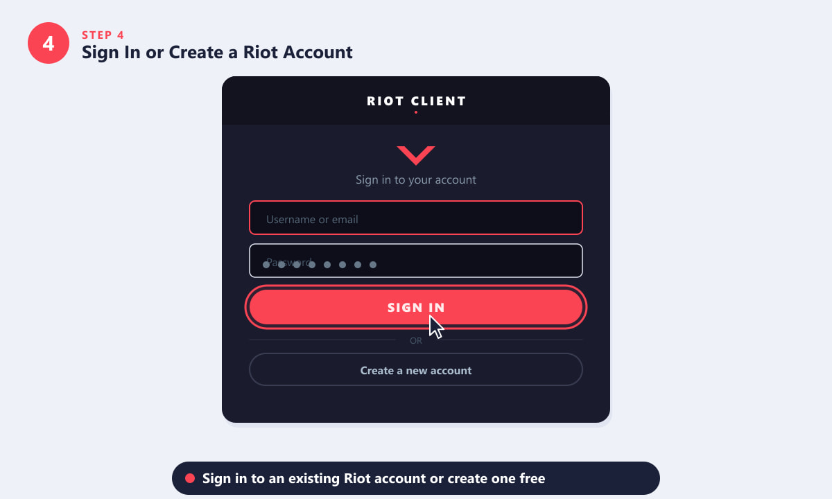 Riot Client login screen — sign in or create a new Riot account to access Valorant