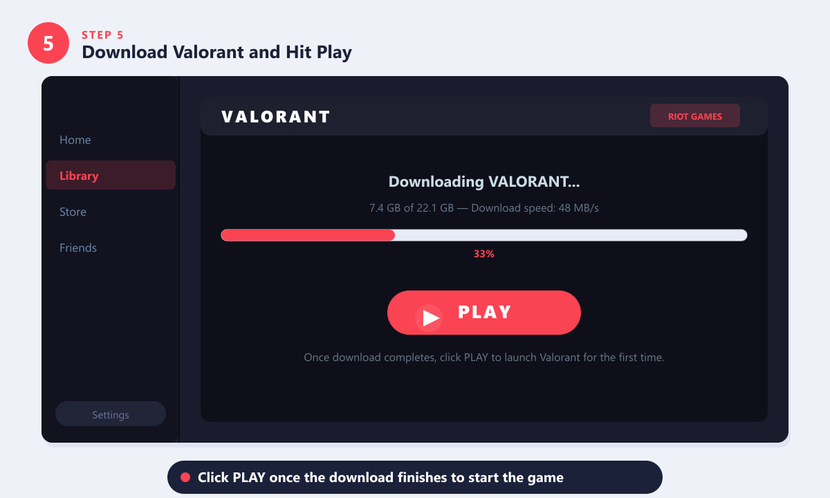 Riot Client showing Valorant downloading with progress bar and Play button