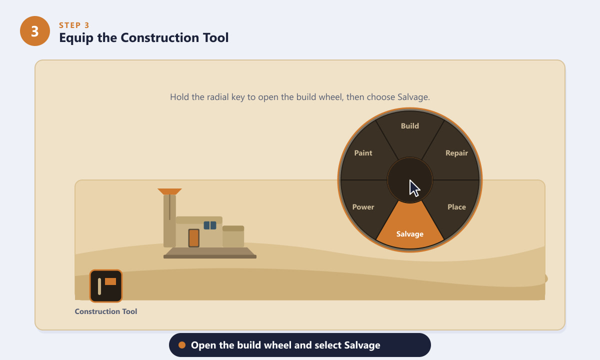 Opening the Construction Tool radial menu and selecting Salvage in Dune: Awakening
