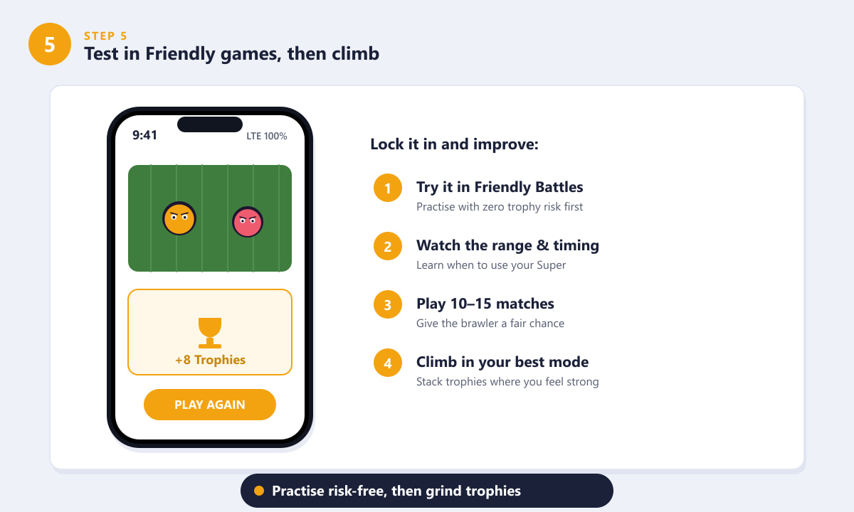Testing a Brawler in Friendly Battles before climbing trophies in Brawl Stars