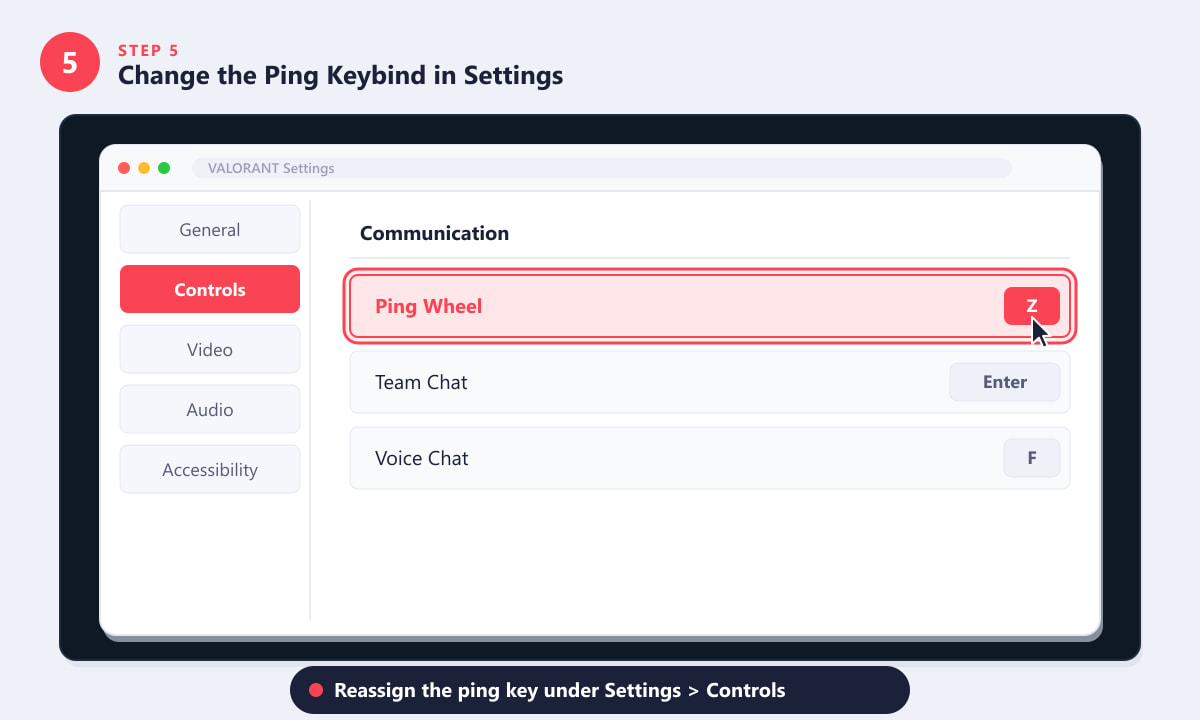 Changing the Valorant ping wheel keybind in the Controls settings menu