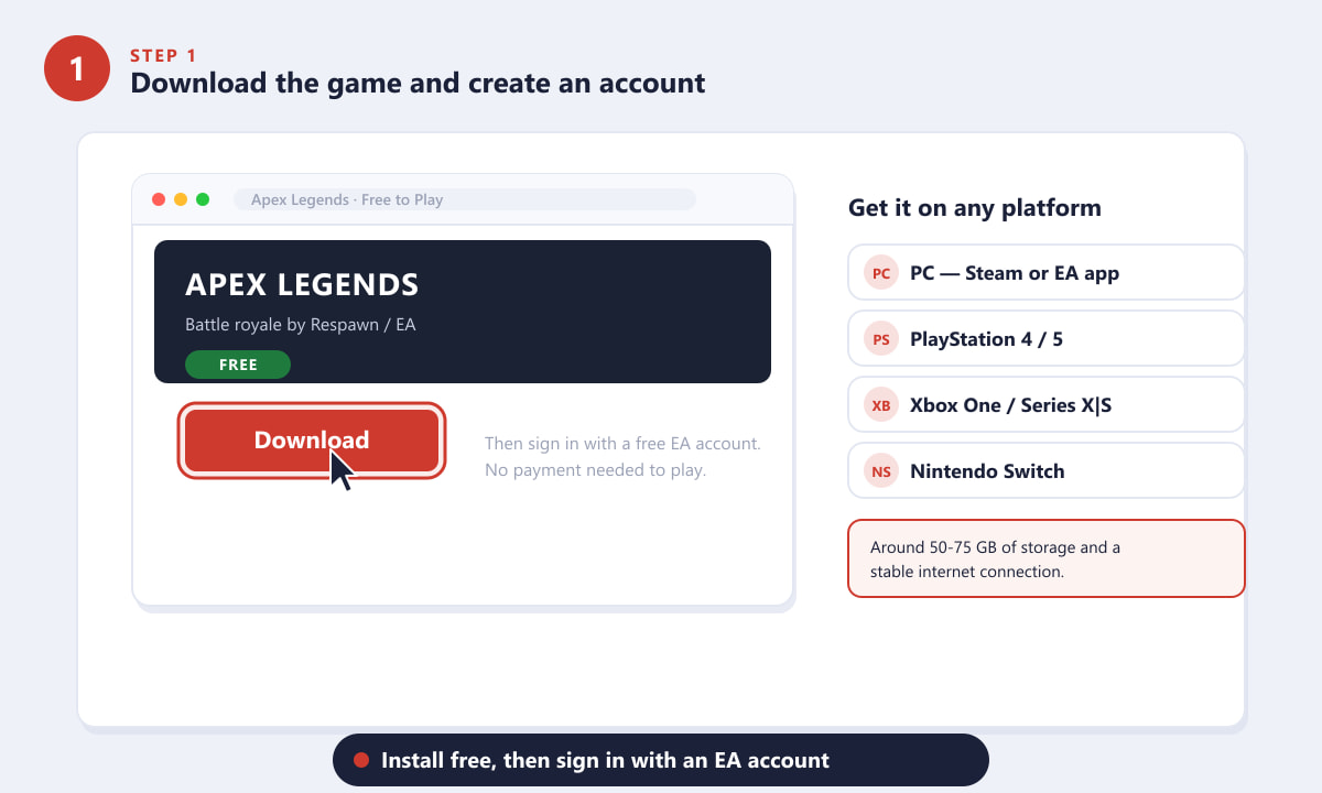 Descarga Apex Legends gratis e inicia sesión con una cuenta de EA.