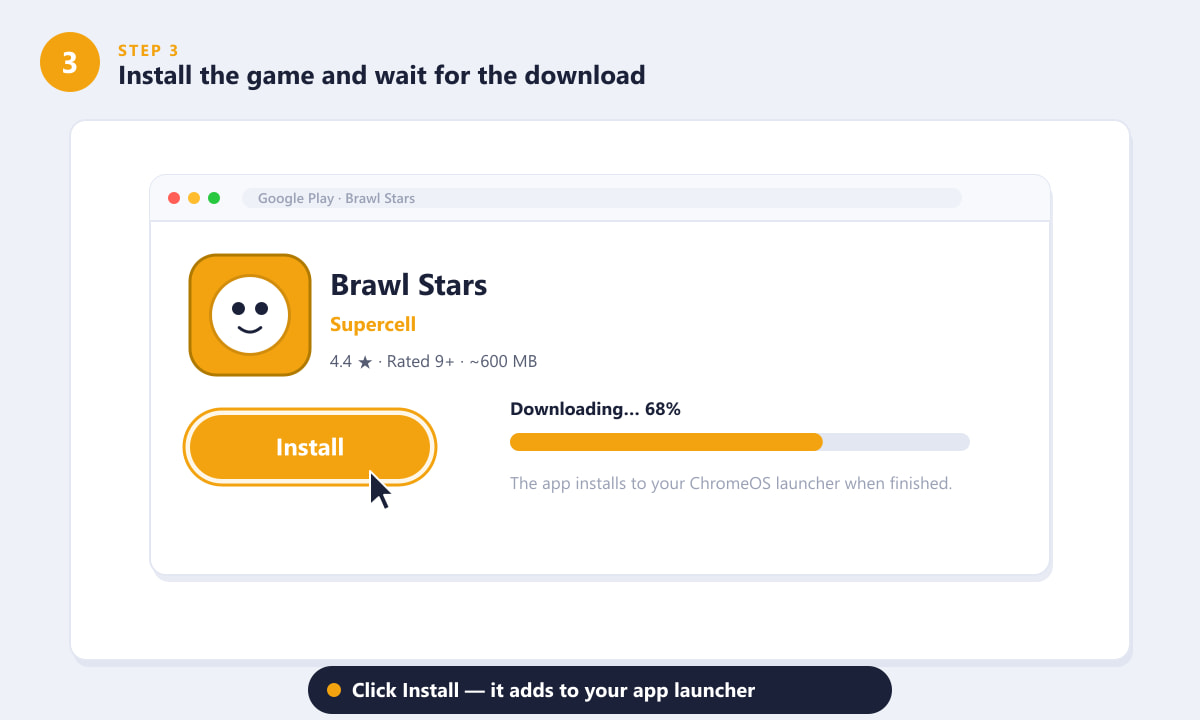 تثبيت لعبة Brawl Stars من متجر Google Play على جهاز Chromebook مع شريط تقدم التنزيل