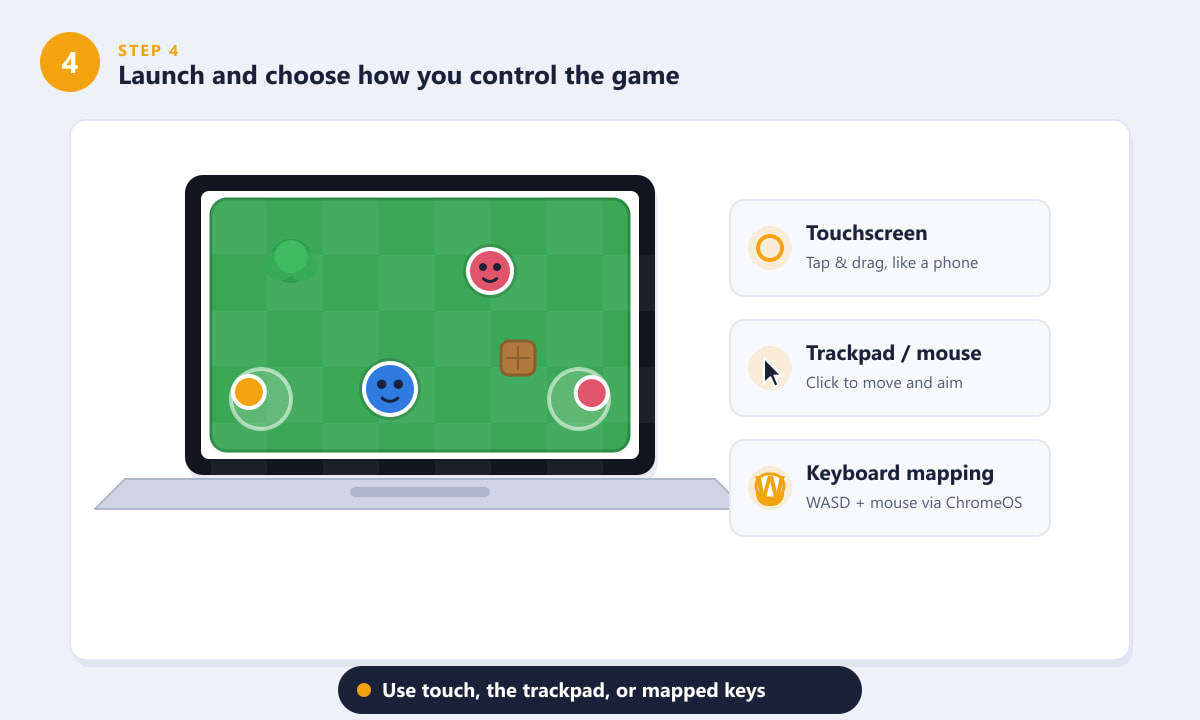 تشغيل لعبة Brawl Stars على جهاز Chromebook واختيار عناصر التحكم عبر شاشة اللمس أو لوحة اللمس أو لوحة المفاتيح