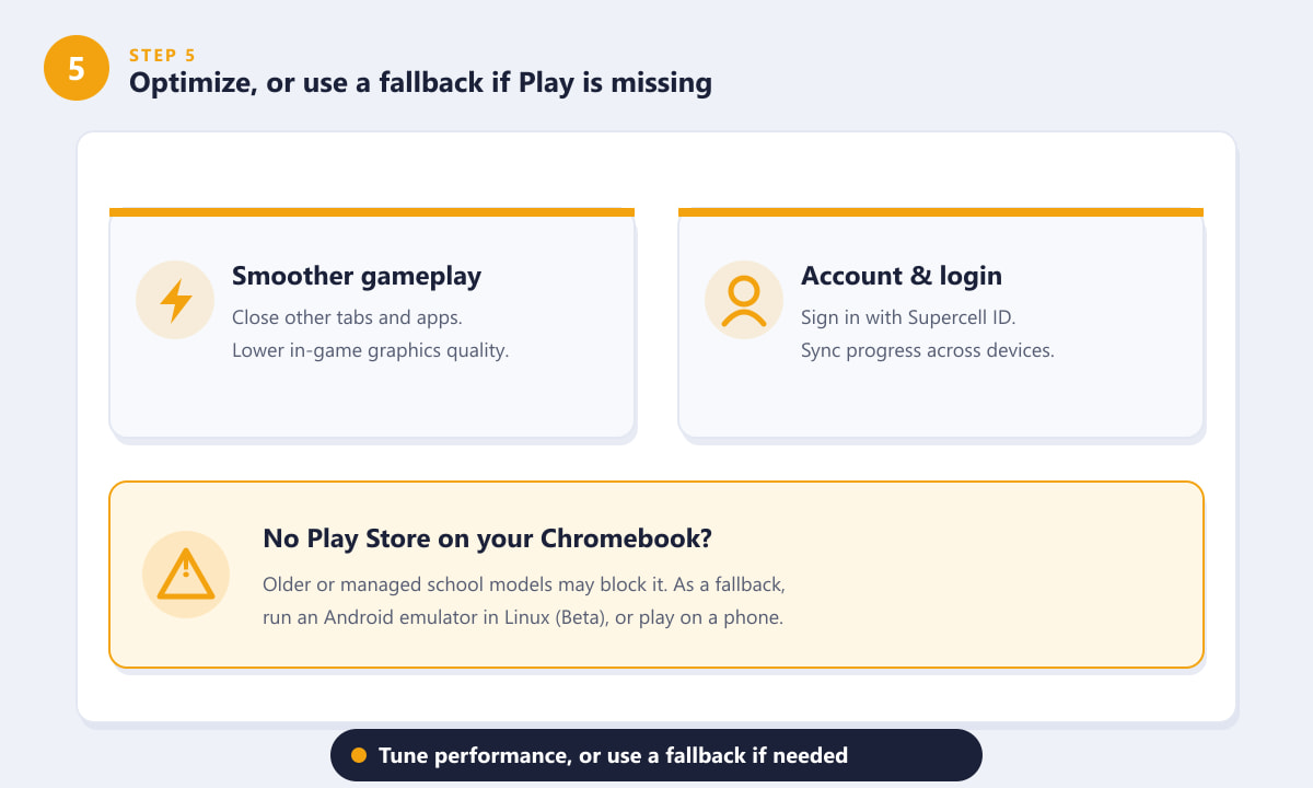 نصائح لتحسين أداء لعبة Brawl Stars على جهاز Chromebook، وحلول بديلة في حال عدم وجود متجر Play.