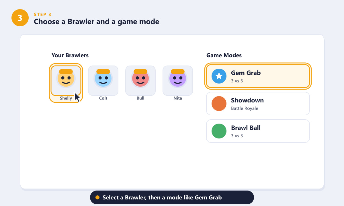 Choosing a Brawler and an online game mode like Gem Grab in Brawl Stars