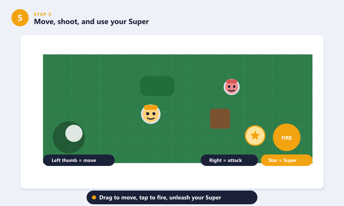 Brawl Stars on-screen controls showing the move joystick, fire button, and Super