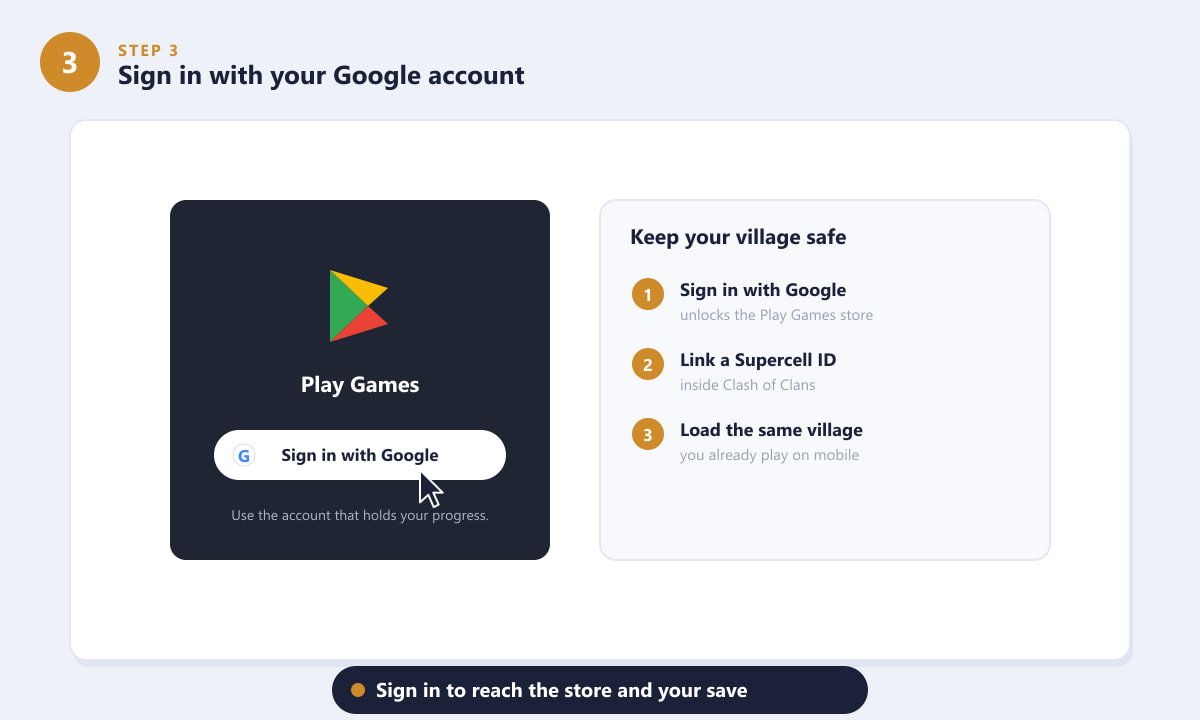 Signing in with a Google account in Google Play Games to sync a Clash of Clans village to PC
