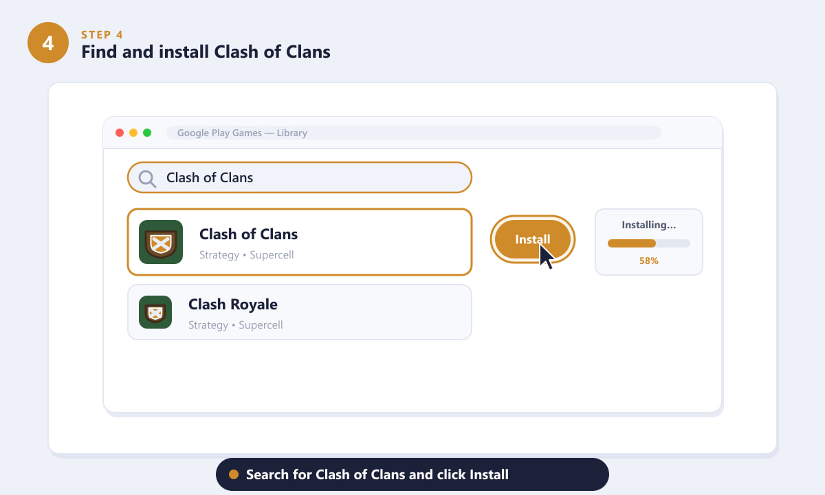 Searching for and clicking Install on Clash of Clans inside the Google Play Games library on PC