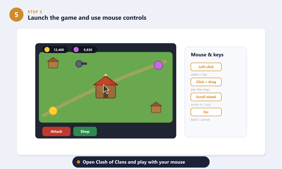 Clash of Clans village gameplay on PC showing the HUD, gold, elixir, and mouse and keyboard control reference