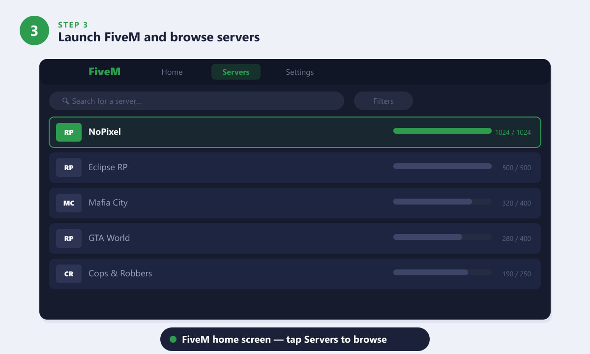 FiveM server browser showing roleplay and custom GTA 5 servers to join