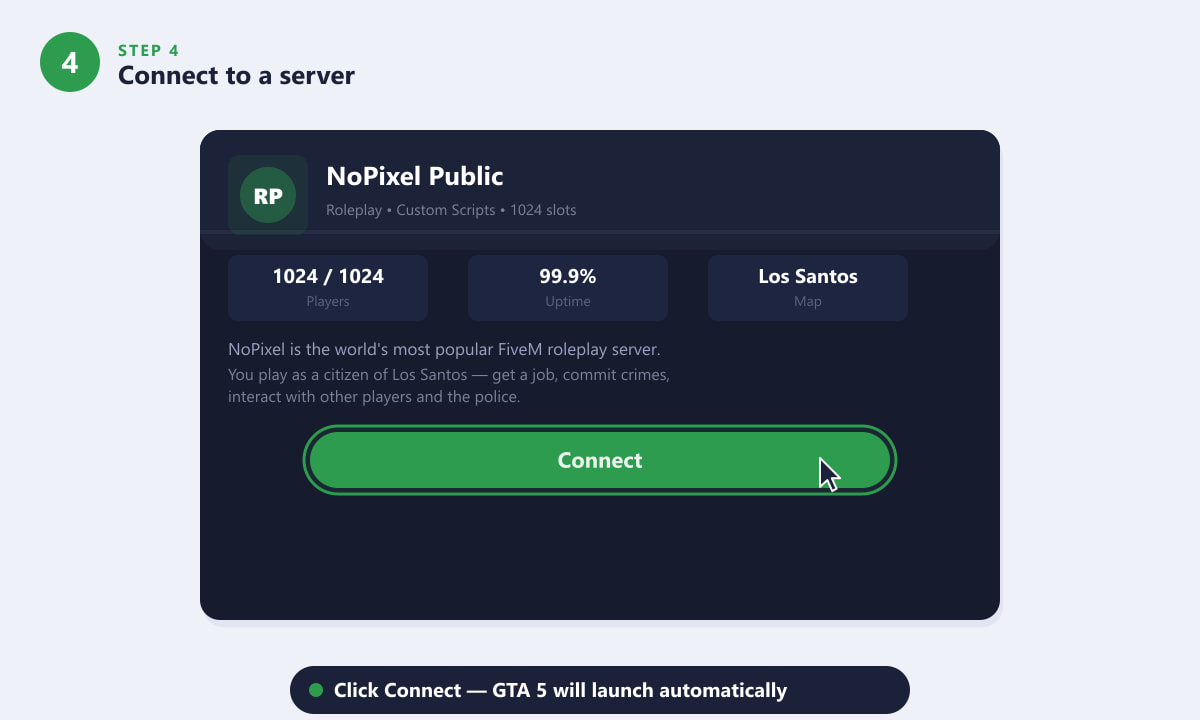 Clicking Connect on a FiveM server detail page to join a GTA 5 roleplay server