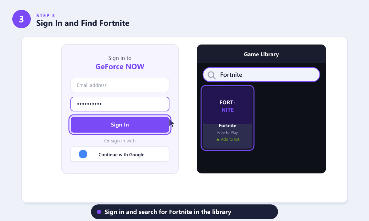 Inloggen bij GeForce NOW en Fortnite zoeken in de gamebibliotheek op een Chromebook
