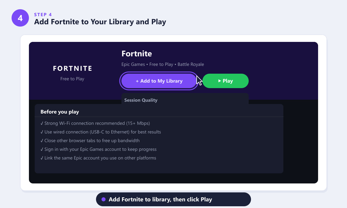 Fortnite toevoegen aan de GeForce NOW-bibliotheek en op 'Spelen' klikken om te beginnen met streamen op een Chromebook.