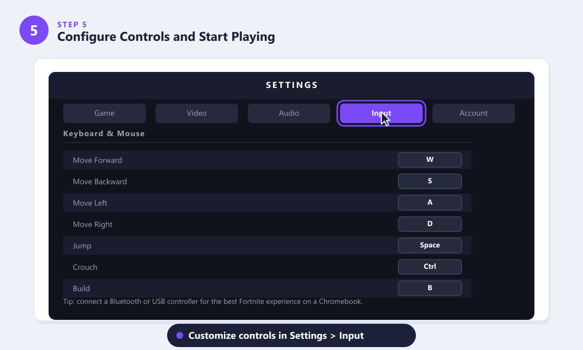 De toetsenbord- en muisinstellingen van Fortnite configureren op een Chromebook tijdens cloudstreaming.