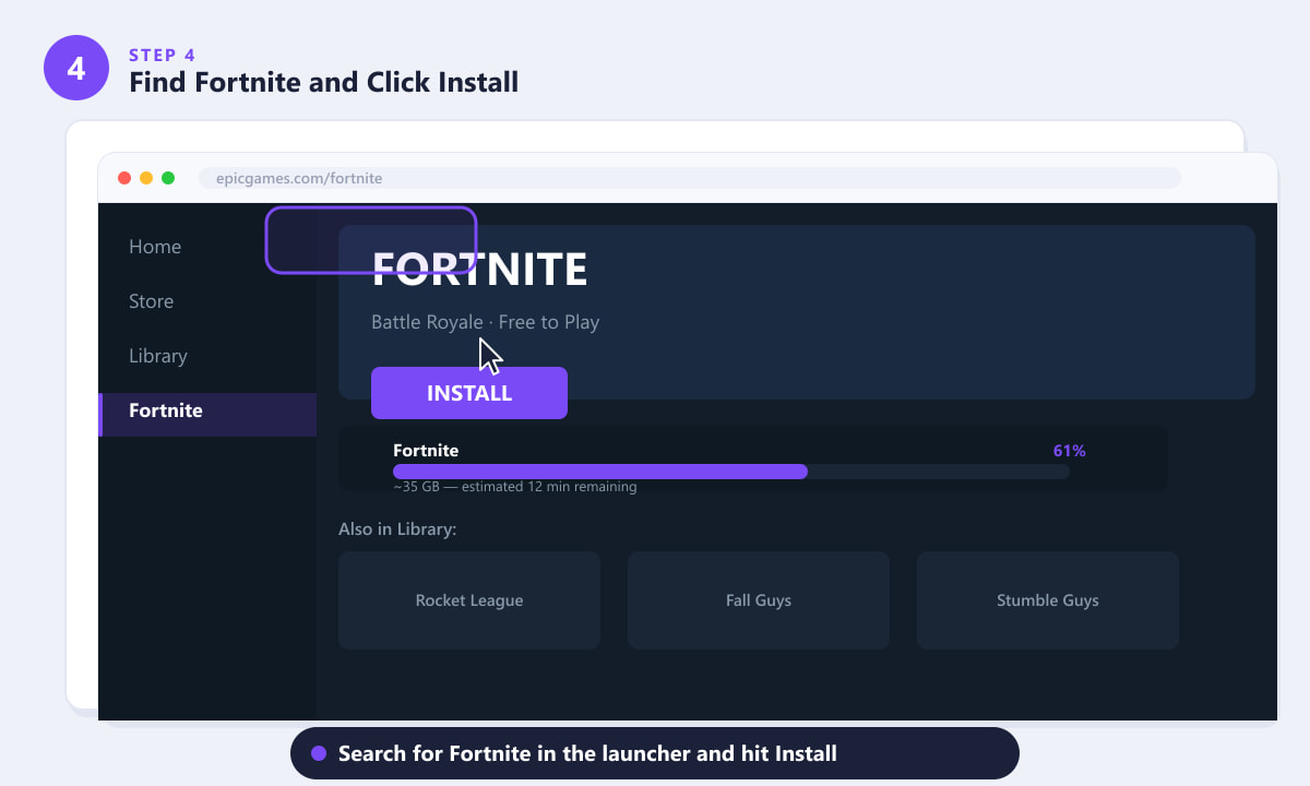 Fortnite page in the Epic Games Launcher on Mac showing the Install button and download progress