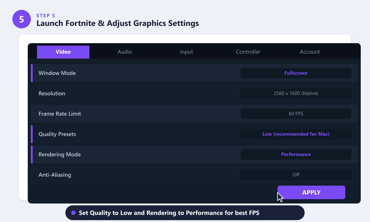 Fortnite Video Settings on Mac showing Quality Presets set to Low and Performance rendering mode