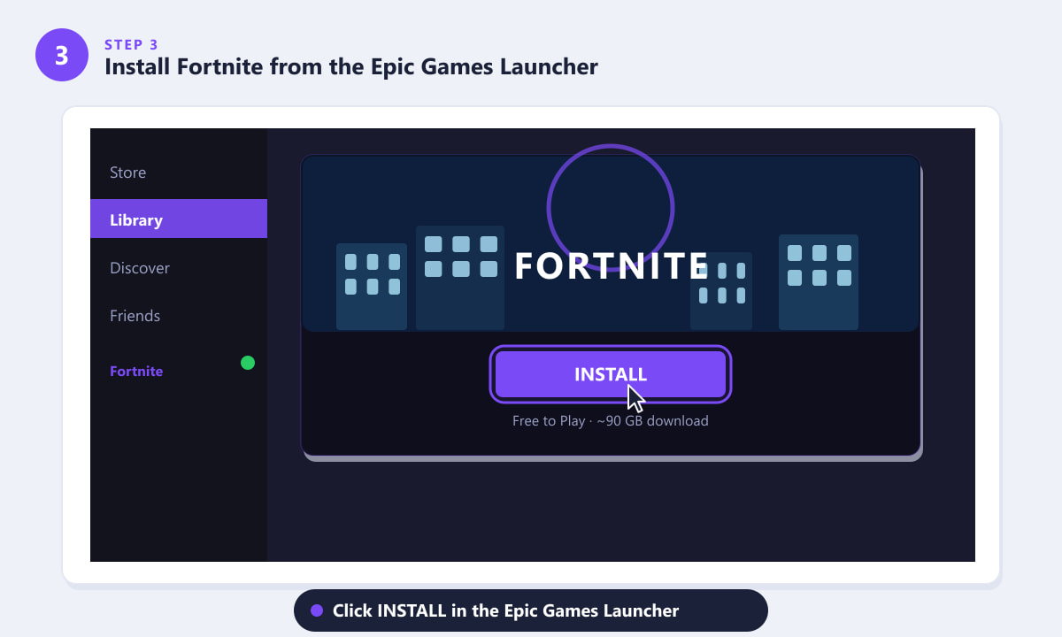 Installing Fortnite on PC by clicking the INSTALL button in the Epic Games Launcher Library
