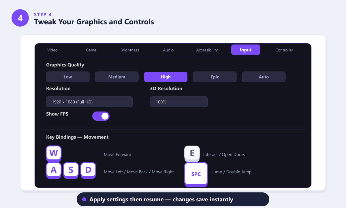 Fortnite PC settings screen showing graphics quality presets and WASD key bindings