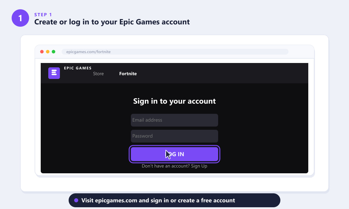 Logging in to an Epic Games account on the Epic Games website on Mac