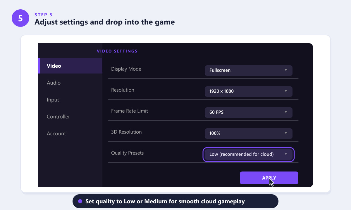 Fortnite video settings panel showing quality and frame rate options for Mac play