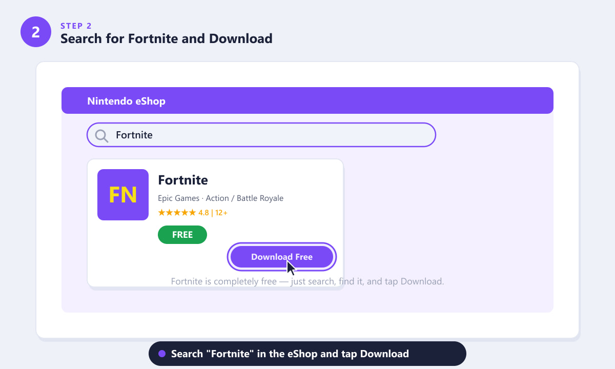 Recherche de Fortnite sur le Nintendo eShop et téléchargement gratuit