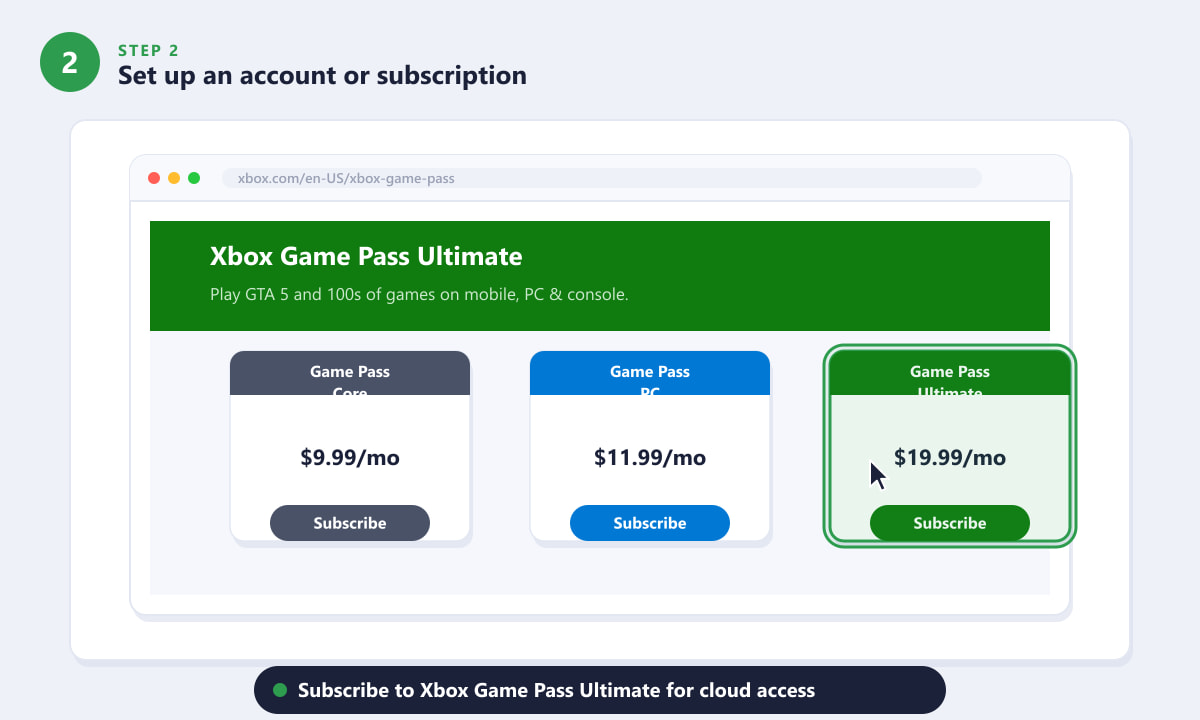 Xbox Game Pass Ultimate subscription page showing plan options for cloud gaming on mobile