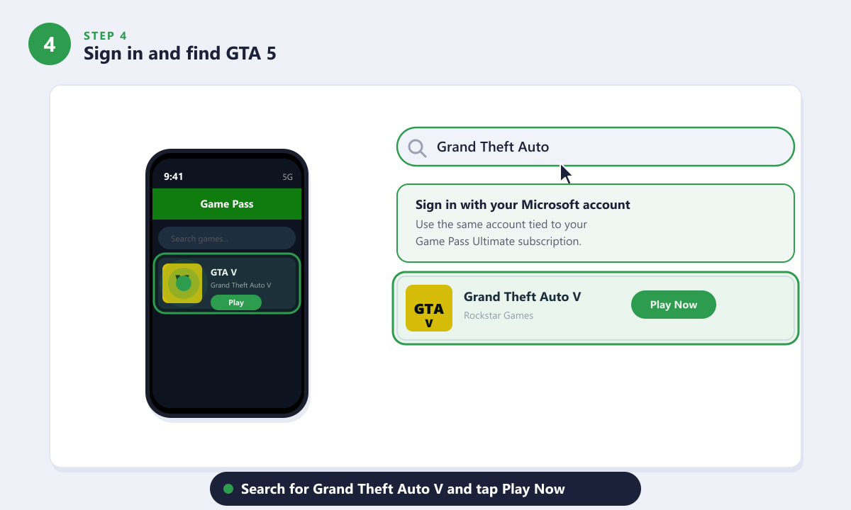 Searching for Grand Theft Auto V in the Xbox Game Pass app on mobile and tapping Play Now