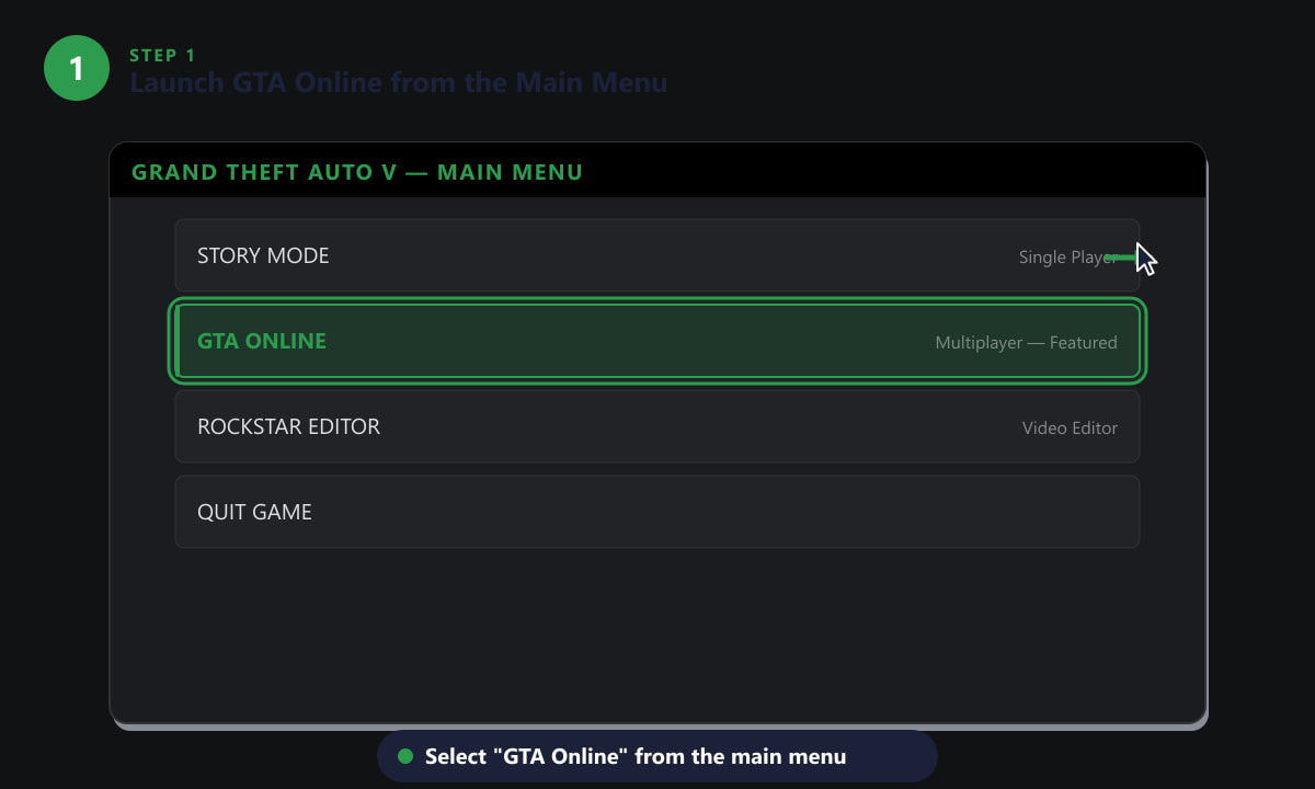 Selecting GTA Online from the Grand Theft Auto V main menu