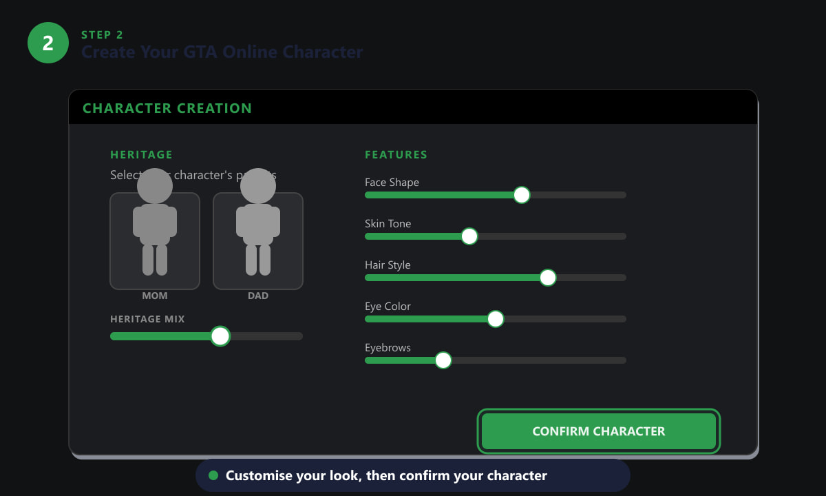 GTA Online character creation screen showing heritage sliders and feature customisation