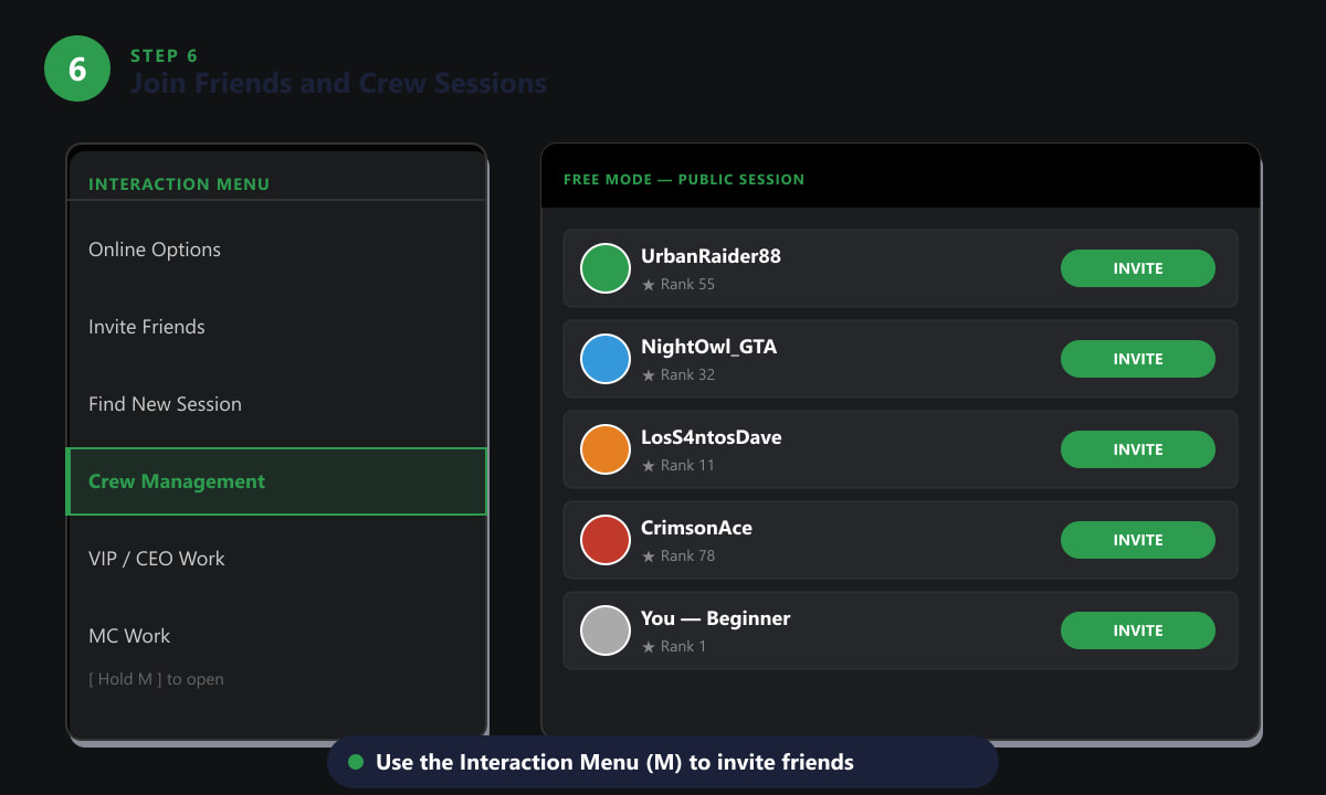 GTA Online Interaction Menu showing Crew Management option and a Free Mode public session player list
