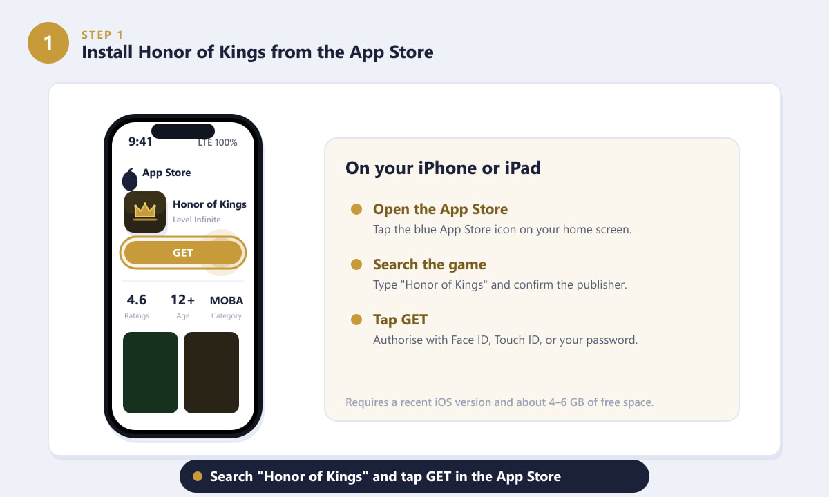 Installing Honor of Kings from the App Store on iOS by tapping GET