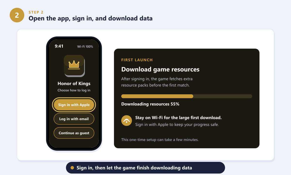 Signing in to Honor of Kings on iOS and downloading game resources on first launch